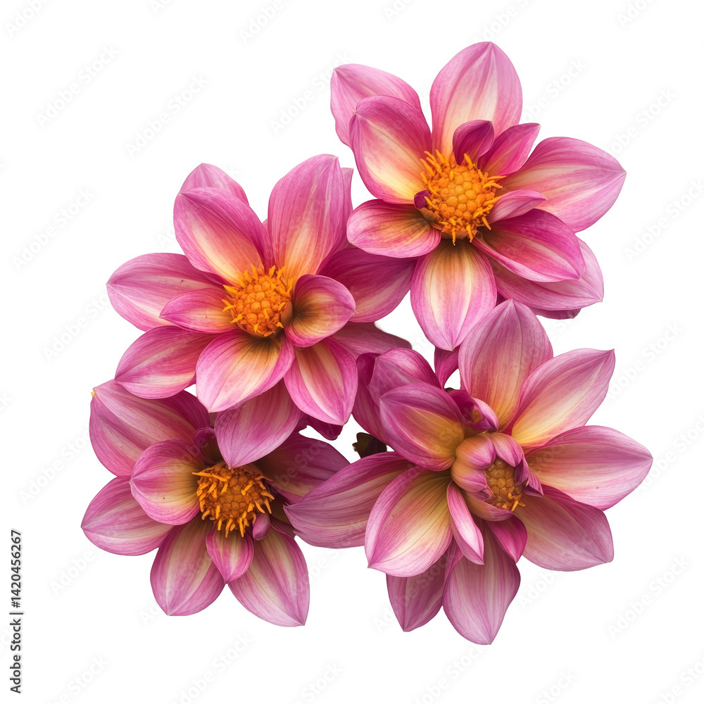 Vibrant dahlia flowers in shades of pink with orange centers isolated on a bright transparent background for decoration and design purposes, Dahlia flowers isolated on transparent background cutout Vibrant dahlia flowers in shades of pink with orange centers isolated on a bright transparent background for decoration and design purposes, Dahlia flowers isolated on transparent background cutout