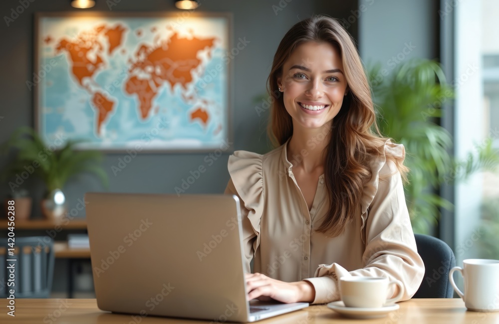Attractive woman works travel agency office. Smiling happy girl uses laptop booking online trip. World map on background. Young lady makes travel sale. Tourist representative with coffee, smiles.