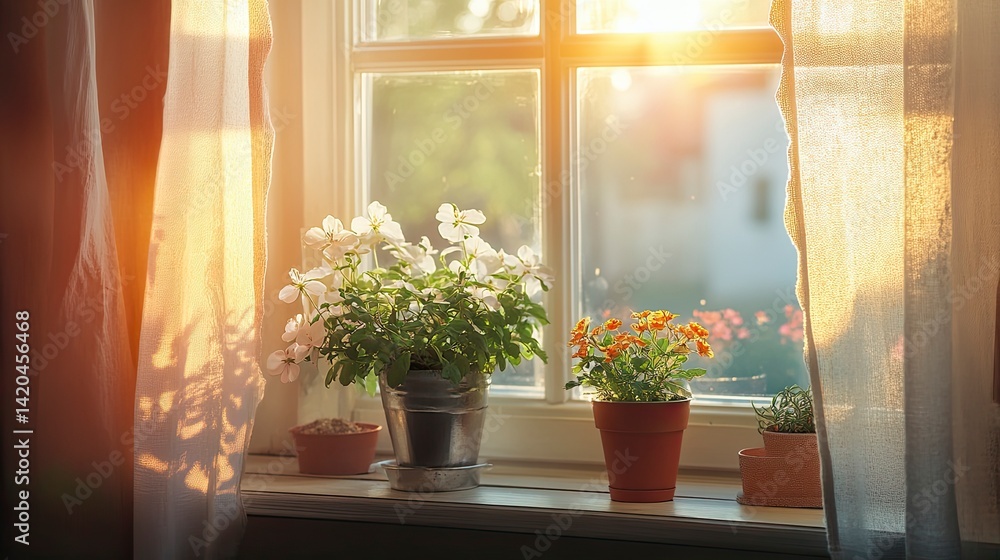 Morning sunlight through a window with flowering plants on the sill, cozy interior Morning sunlight through a window with flowering plants on the sill, cozy interior