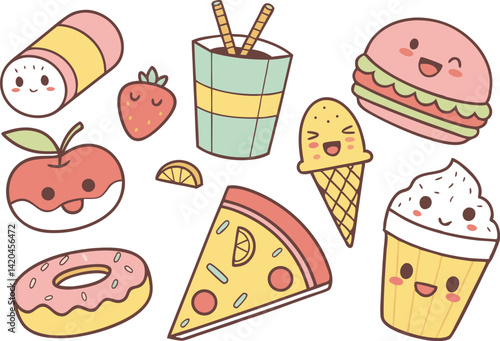 Kawaii Food PNGs for Design Projects. Kawaii Food Art for Crafting Ideas. Clipart of Cute Kawaii Food Faces. Kawaii Food Design Assets for Creators. Printable Kawaii Food Sticker Art. Kawaii Food Clip