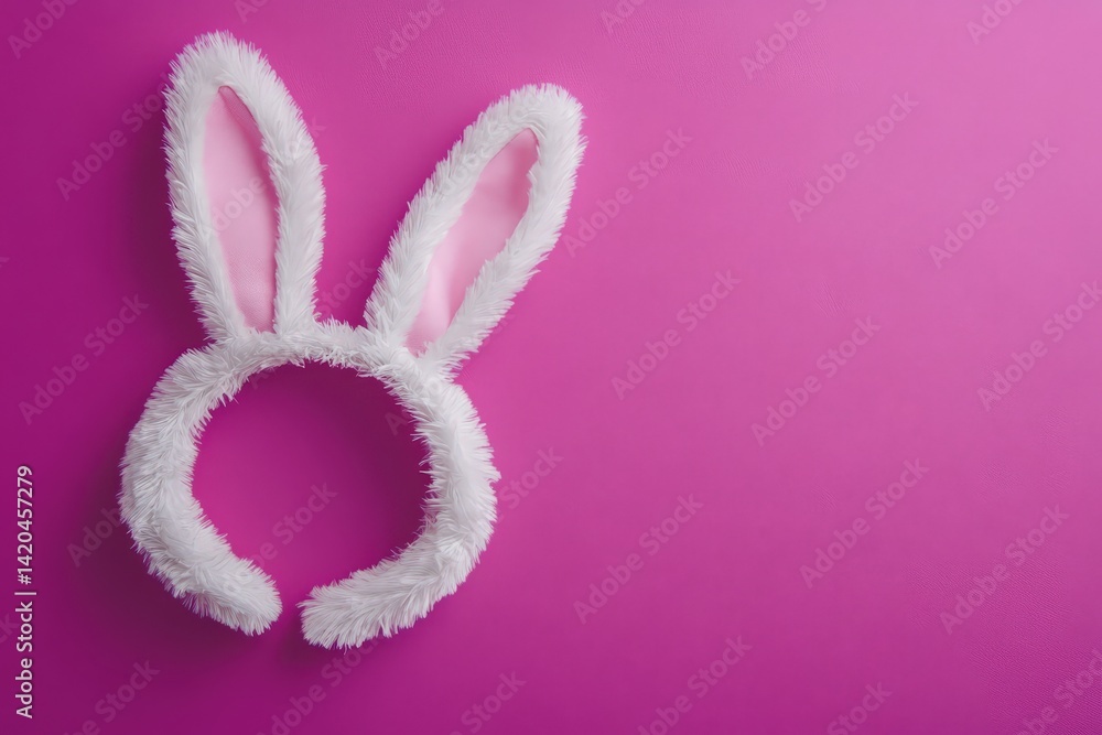 Fluffy white Easter bunny headband against a vibrant magenta background. Fluffy white Easter bunny headband against a vibrant magenta background.