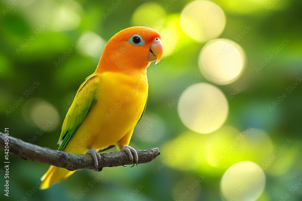 Yellow lovebird perched on a branch in lush green foliage Yellow lovebird perched on a branch in lush green foliage