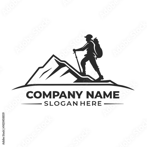 Hiking logo featuring a person ascending a mountain