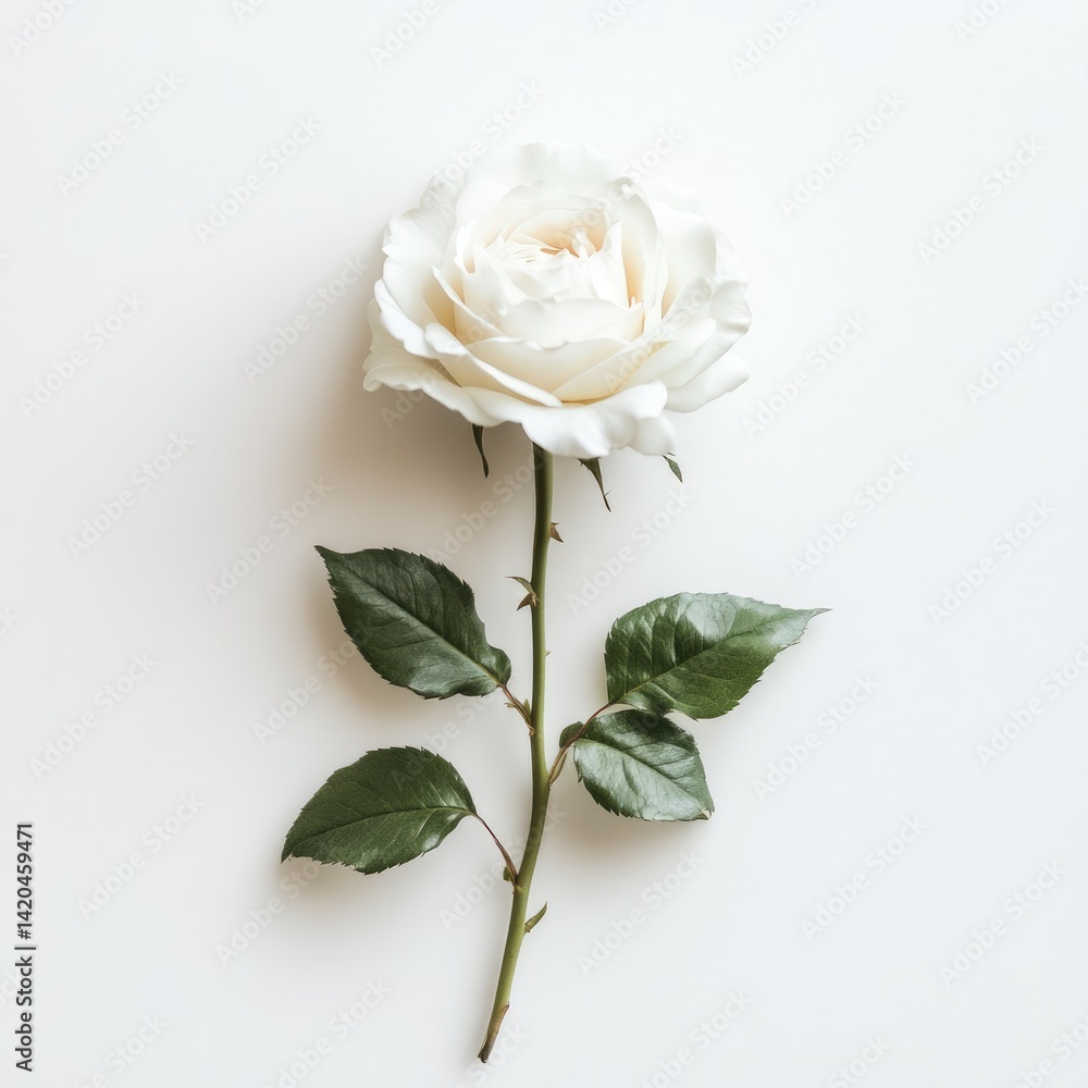 Fototapeta premium Single white rose with green leaves and stem lying on a plain white background studio shot top view