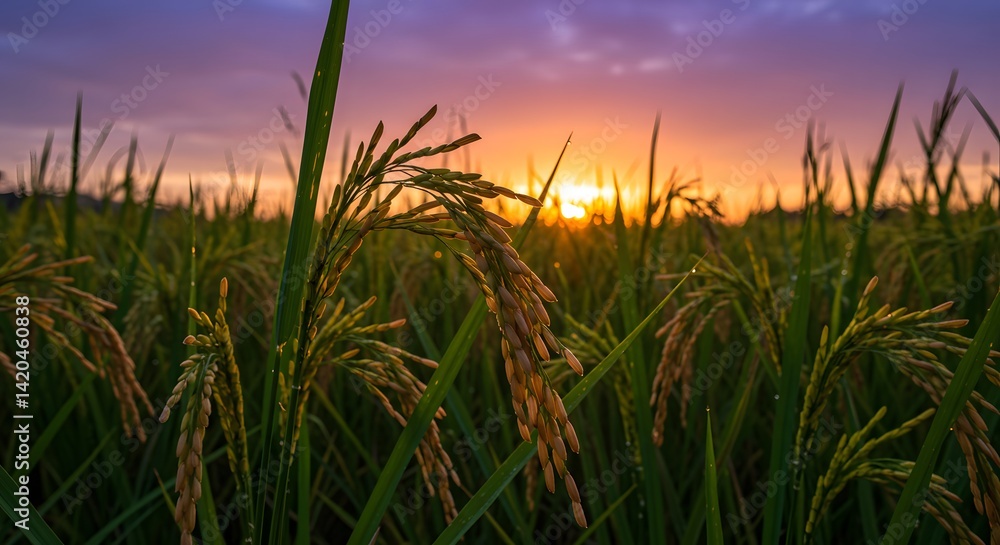 Fototapeta premium Golden Hour Rice Paddies: A Breathtaking Sunset Over Lush Green Fields
