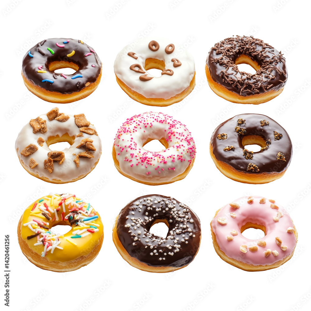 Assorted donuts featuring various toppings arranged on a transparent transparent background, Assorted Donuts with Various Toppings on transparent background Assorted donuts featuring various toppings arranged on a transparent transparent background, Assorted Donuts with Various Toppings on transparent background