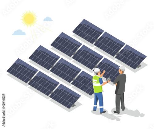 Investor consulting with engineer at a solar power plant while discussing investment opportunities in renewable energy under bright sunlight isometric cartoon