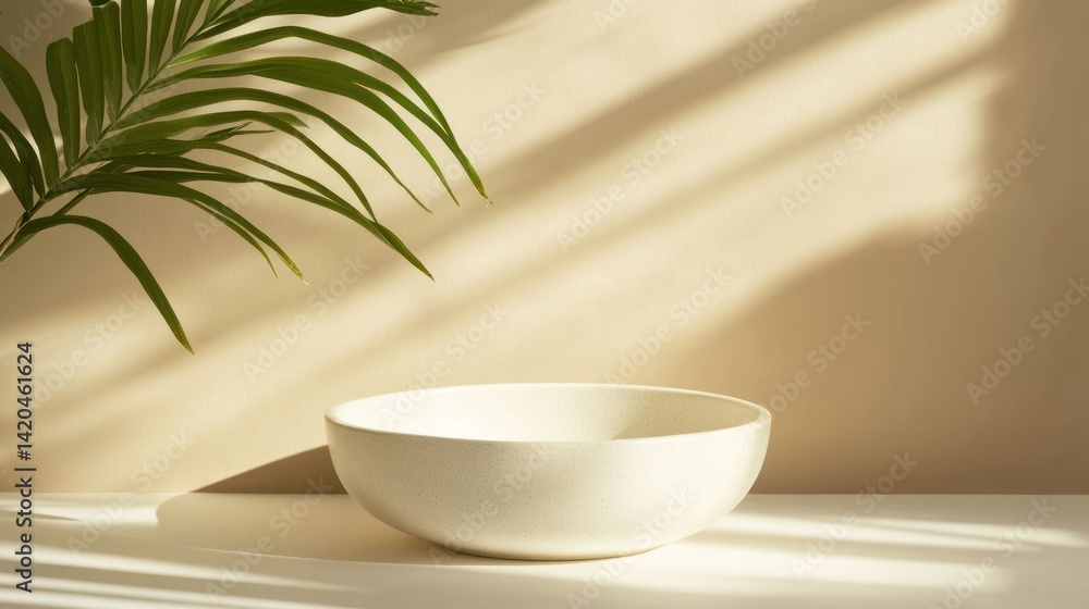 Empty white bowl, sunlit backdrop, minimalist, still life, beige background, palm leaf, photography, for product display Empty white bowl, sunlit backdrop, minimalist, still life, beige background, palm leaf, photography, for product display