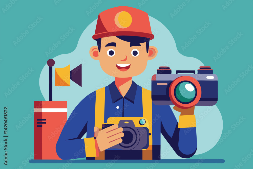 The worker smiles while holding two cameras in a vibrant studio environment, showcasing their passion for photography, Worker with a camera The worker smiles while holding two cameras in a vibrant studio environment, showcasing their passion for photography, Worker with a camera