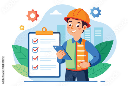 A worker in a hard hat checks a safety list while standing in a green, industrial area, Worker with advantages concept,