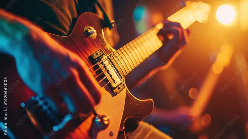 Obraz premium A musician plays a guitar under stage lights in performance