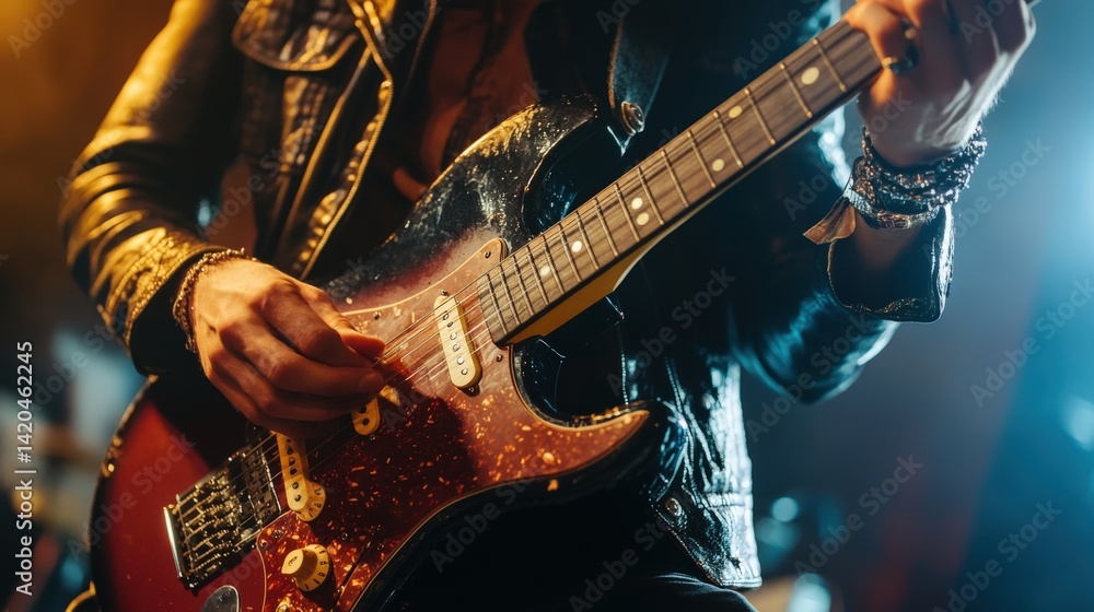 Obraz premium A person playing an electric guitar on a stage at night