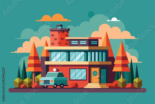 A modern house surrounded by colorful trees and a car parked in front on a bright day, Working Customizable Semi Flat Illustration