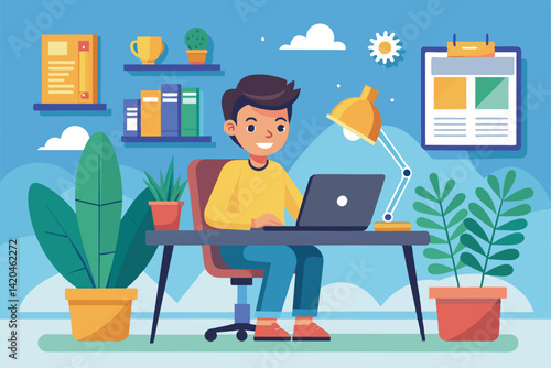 A cheerful individual sits at a desk, working on a laptop in a vibrant home office with plants and decor, Working from anywhere Customizable Cartoon Illustration