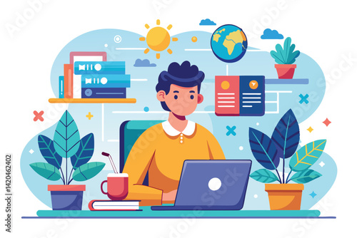 A person is focused on their laptop in a bright workspace filled with plants and global decor, Working from anywhere Customizable Flat Illustration