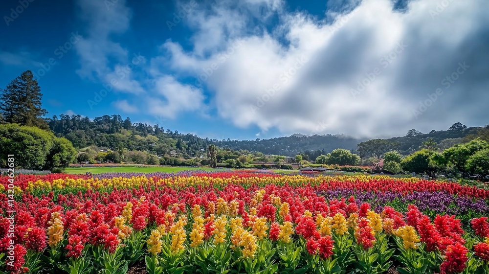 Colorful flower field, sunny day, hills, cloudscape, farm Colorful flower field, sunny day, hills, cloudscape, farm