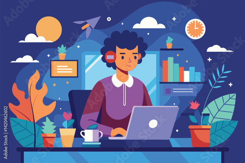 A focused individual engages with a laptop in a vibrant workspace filled with plants and creative elements, Working from anywhere Customizable Semi Flat Illustration
