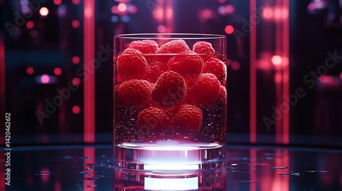 A modern raspberry punch with glowing fruit chunks floating in a transparent high-tech glass 
