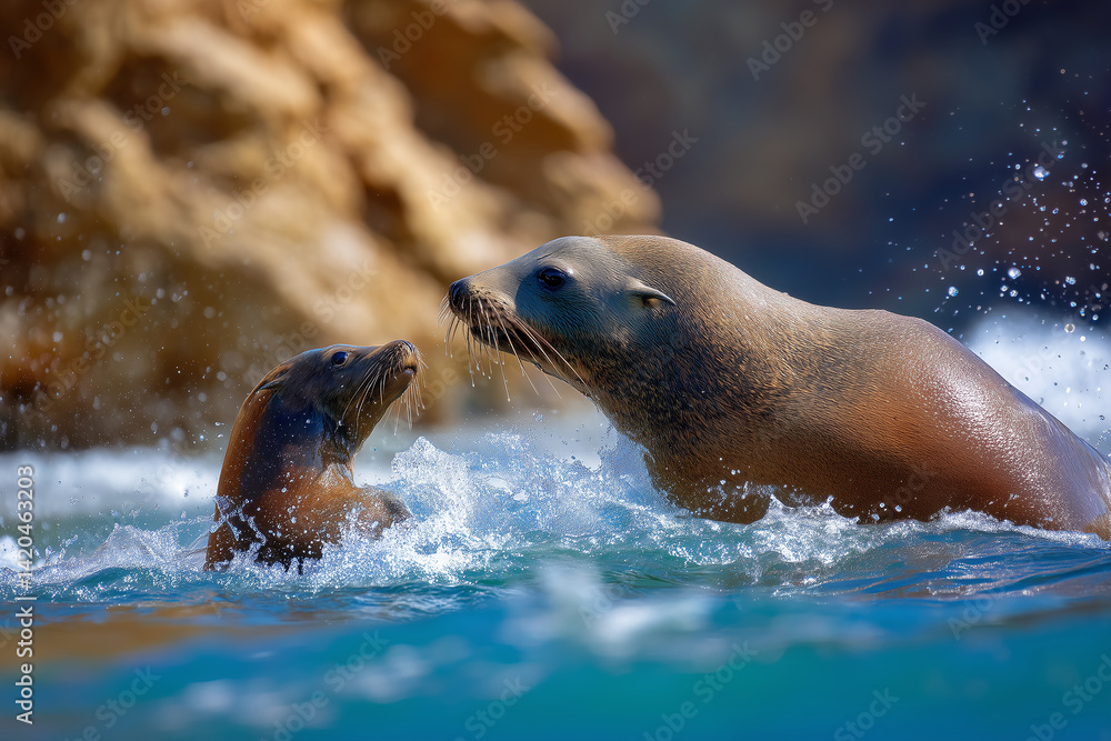 Naklejka premium Sea lion father gently nudging pup into turquoise ocean near rocky cliffs, tender parenting moment in natural coastal waters