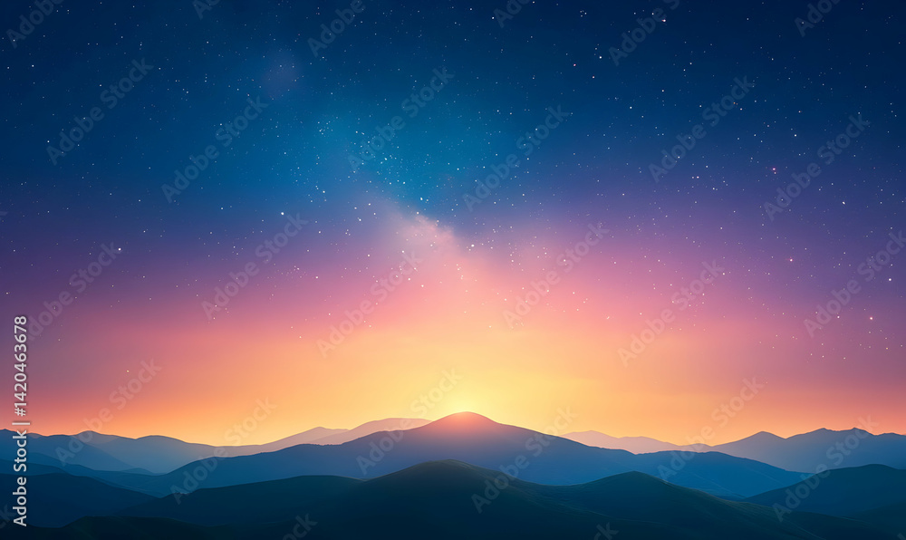 Celestial Distant Sky with Minimalist Deep Mountain Landscape Celestial Distant Sky with Minimalist Deep Mountain Landscape