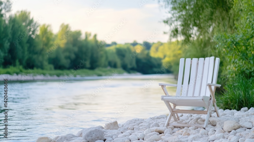 Fototapeta premium White Folding Chair by Riverbank Serene Natural Style High-resolution Soft Lighting Landscape Wide Shot River Rocks Peaceful Contemplation Scenic Riverbank Calm Pastel Tones Ideal for Relaxation Ads
