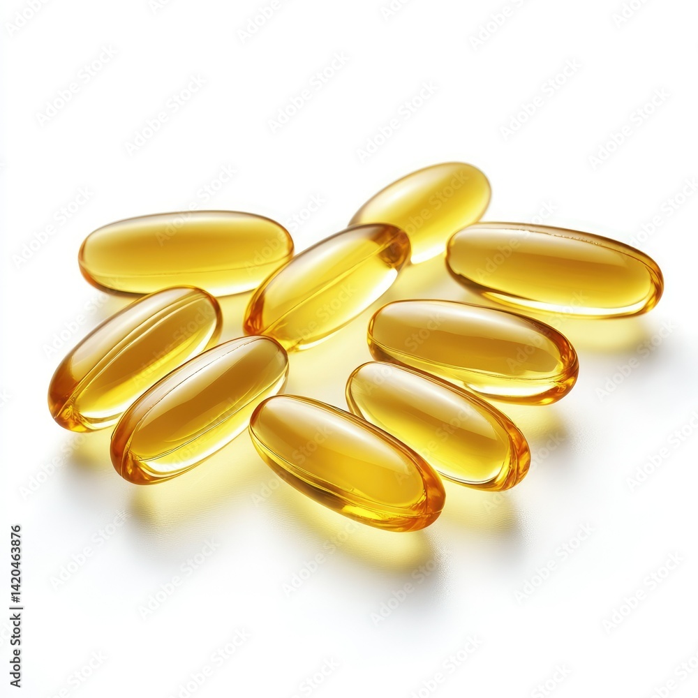 A close up shot of several translucent yellow gel capsules on a surface A close up shot of several translucent yellow gel capsules on a surface