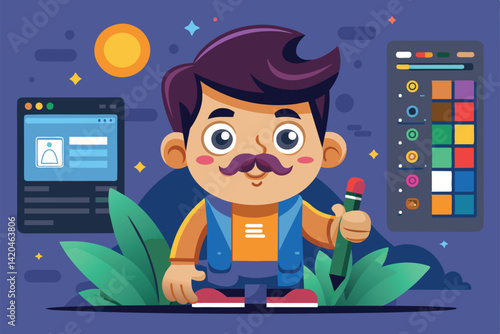 A character holds a pencil in a colorful design space, surrounded by creative tools and palettes, Work in progress Customizable Cartoon Illustration