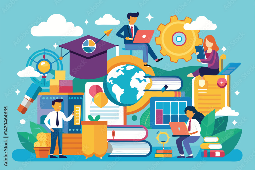A group of professionals is involved in different learning and work tasks, surrounded by educational tools, Work or education process concept, A group of professionals is involved in different learning and work tasks, surrounded by educational tools, Work or education process concept,
