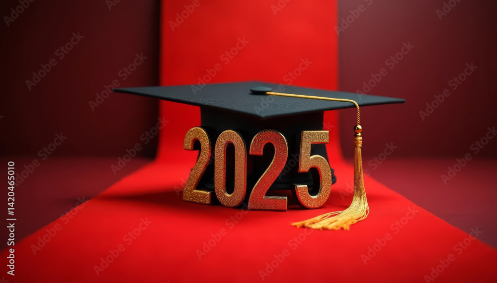 Graduation cap with golden 2025 numbers placed on a red carpet. Academic celebration.