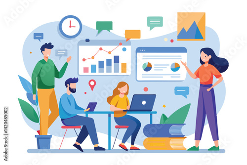 A group discusses a work presentation featuring time trends, data charts, and progress updates, Work presentation with reference to time trending