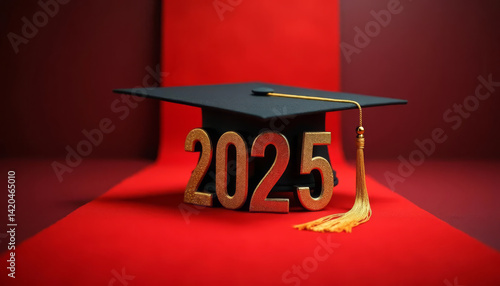 Obraz na płótnie Graduation cap with golden 2025 numbers placed on a red carpet. Academic celebration. w salonie