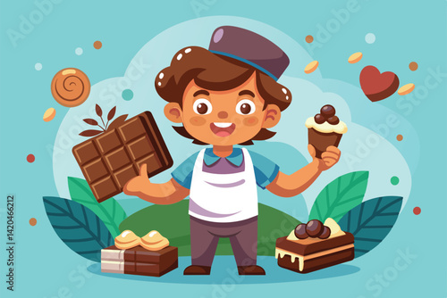 A joyful character holds chocolate and treats, celebrating World Chocolate Day in a vibrant, playful setting, World chocolate day Customizable Cartoon Illustration