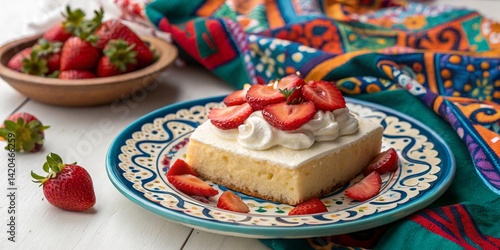 Tres leches cake topped with strawberries and whipped cream – dessert photography