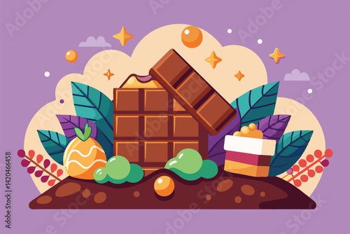 Enjoy a festive display of chocolate sweets and treats surrounded by colorful decorations for World Chocolate Day, World chocolate day Customizable Semi Flat Illustration