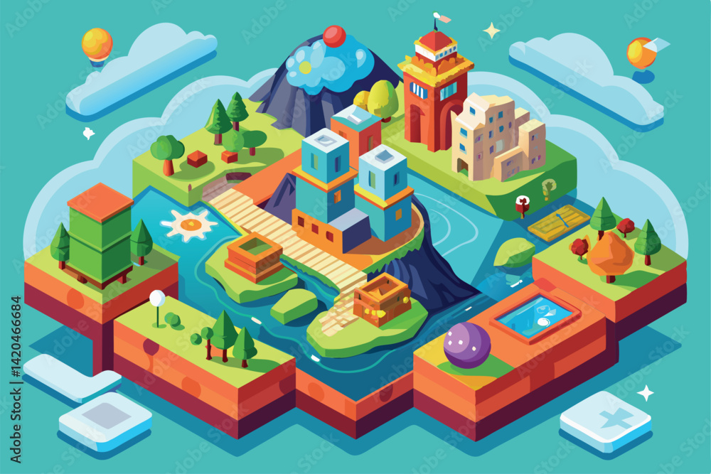 Fototapeta premium Discover a colorful isometric world filled with unique buildings, lush greenery, and interactive elements, World Customizable Isometric Illustration