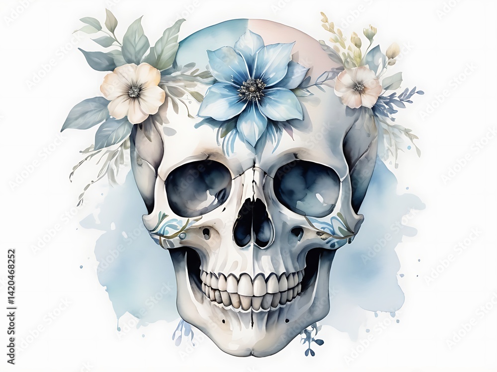 Fototapeta premium Beautiful Vintage Watercolor Skull with Flowers Illustration on White Background