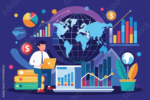 A stock market analyst evaluates global data trends using charts, graphs, and a laptop, World stock market analyst data trending