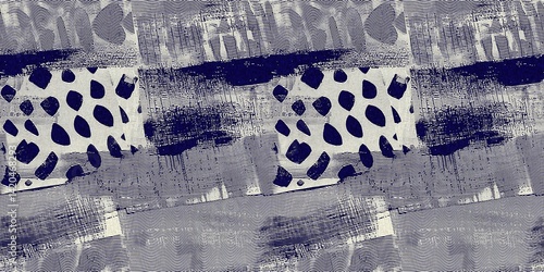 Seamless indigo blue woven grunge dye border pattern. Irregular boro effect dye washed out resist banner background. Block print woven style for trendy vintage wash tape edging trim textures.