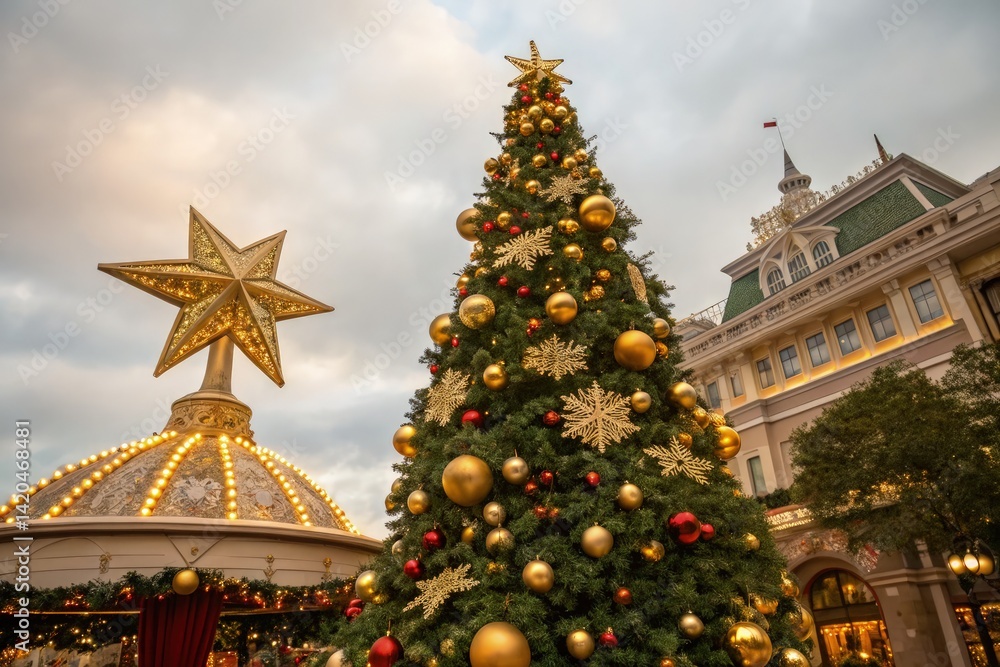 Naklejka premium Gold Ornaments Create a Festive Christmas Tree Display Outdoors Generative AI