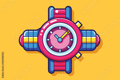 A colorful cartoon wristwatch showcases a playful design, inviting personalization and creativity, Wristwatch Customizable Cartoon Illustration