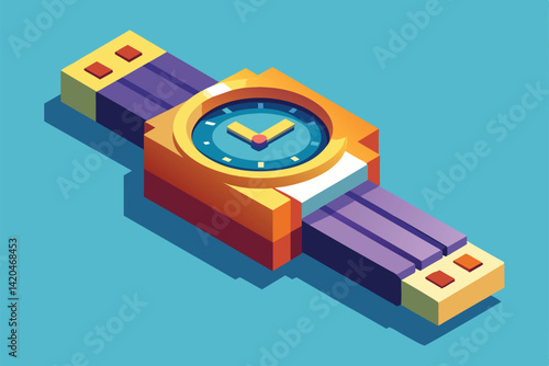 A colorful isometric wristwatch design showcases different customizable features and styles, Wristwatch Customizable Isometric Illustration
