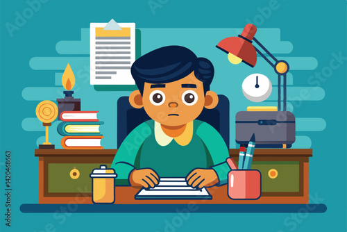 A cartoon shows a person sitting at a desk, looking frustrated while trying to write amid distractions, Writer's block Customizable Cartoon Illustration