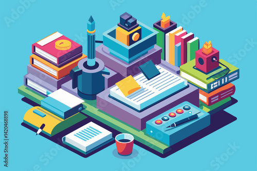 A colorful isometric workspace features books, writing tools, and coffee, designed for tackling writer's block, Writer's block Customizable Isometric Illustration