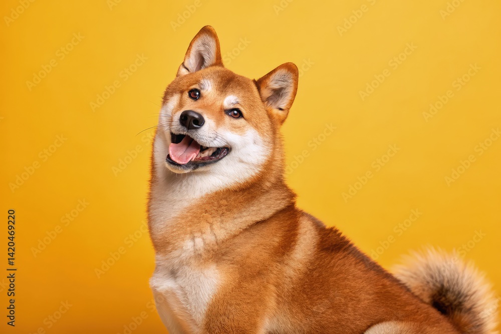 Happy Shiba Inu Dog Smiling Brightly on Yellow Background Generative AI Happy Shiba Inu Dog Smiling Brightly on Yellow Background Generative AI