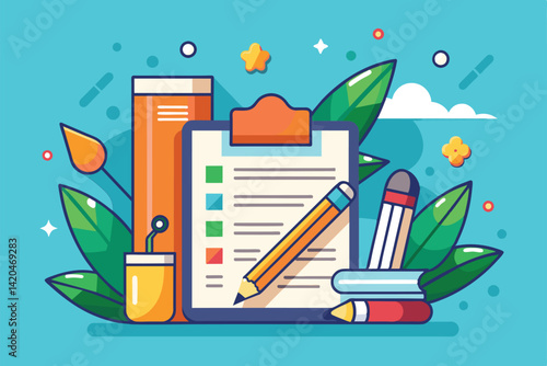 A colorful scene displays a clipboard with checklists, writing tools, and a drink amid lush green elements, Writing on the wall Customizable Semi Flat Illustration