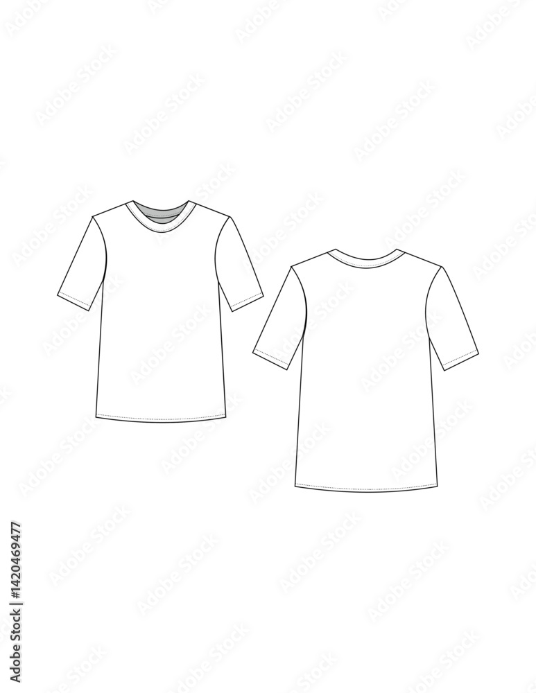 Naklejka premium Basic T-Shirt Flat Sketch Technical Drawing Vector Mockup, easily editable.
