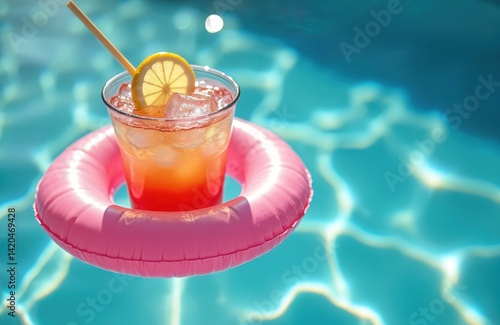 Obraz na płótnie Refreshing cocktail drink floating in inflatable ring at poolside. Tasty drink with lemon slice on summer vacation. Enjoy drink, swim, vacation, fun pool party at the sunny day. w salonie