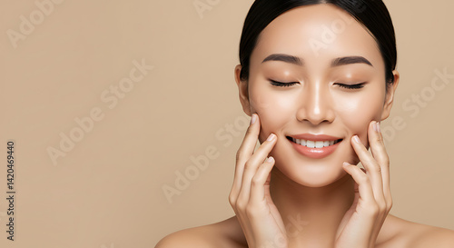 Radiant Beauty: A woman with fair skin gently touches her face, eyes closed in serene bliss, set against a muted background.