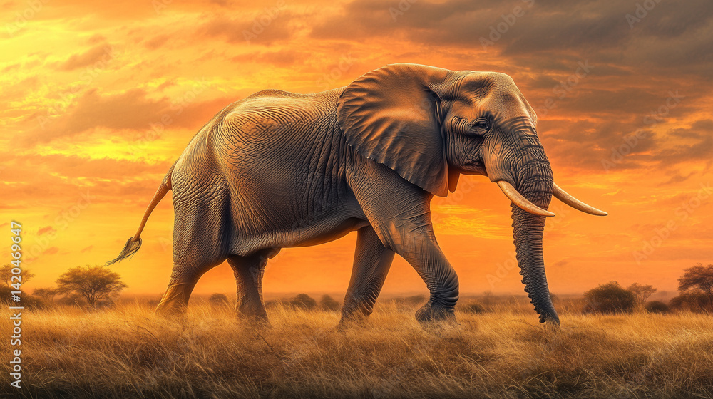 Fototapeta premium An elephant in silhouette strides across a sunset-lit horizon, bathed in golden and orange hues, embodying the serene beauty of Africa's natural world sunset elephant, savanna silh