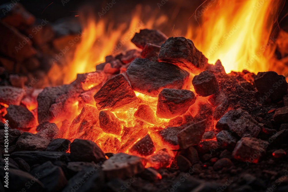 Fototapeta premium Roaring Flames Consuming Glowing Embers in Close-Up View Generative AI